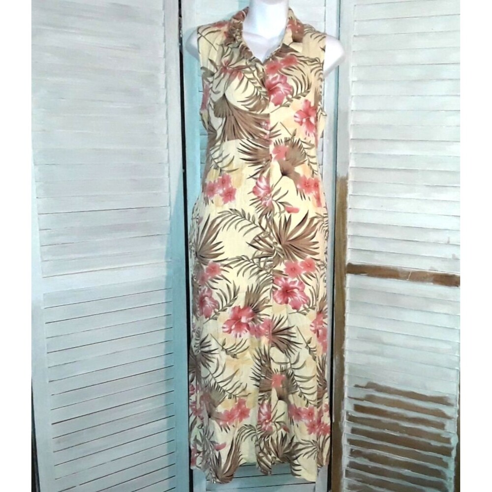 Bahama Beach Floral Dress Size L Sleeveless Midi Maxi Pockets Hawaiian Resort
